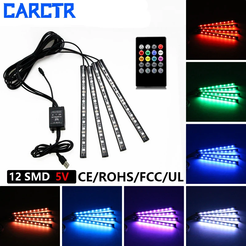 

CARCTR LED Car Lights USB Car Decorative Lamp RGB DJ Music Sound Light Interior Ambient Light 20-key Remote Control Colorful
