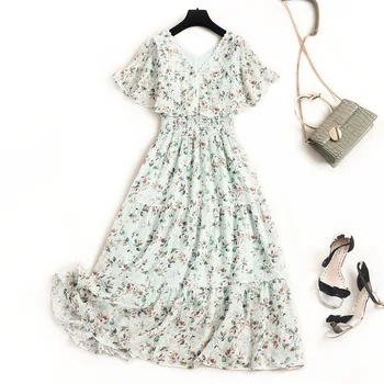 

Temperament2020 Summer Korean Women V-neck Ruffles Sleeve Elastic Waist Floral Printed Fresh Light Green Pink Chiffon Dress