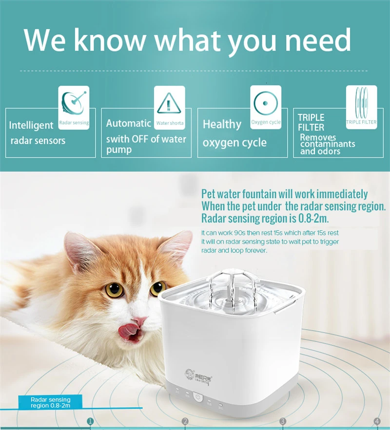 Radar Sensing Cat Water Fountain 2L Electric Pet Fountain Automatic Dog