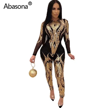 

Abasona Tight Jumpsuits Club Rompers Long Pants Sequin Party Bodycon Mesh Sliver Gold Women Vintage Sexy Jumpsuit Plus Size