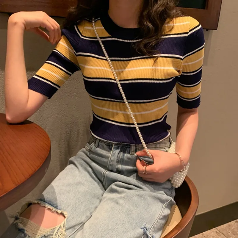 

Women Sweater Autumn New Winter Stripes Print Slim Short Sleeved Round Neck Slim Bottom Knit Sweater Half Sleeve Sweater*
