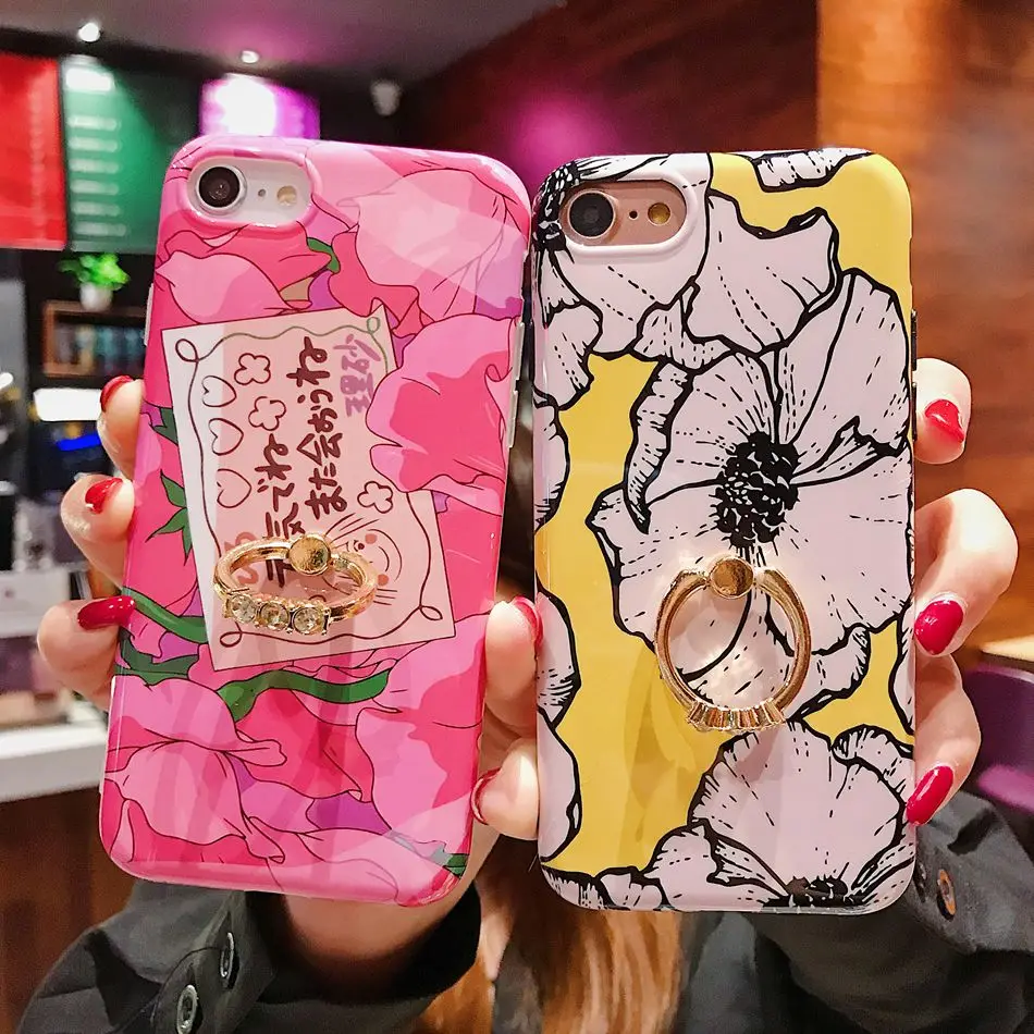 

For iPhone 7 Plus XR X XS Max Case Gentle Girl Pink Flower With Diamond Ring Holder Cover For iPhone 8 6 6s Plus Soft TPU Coque