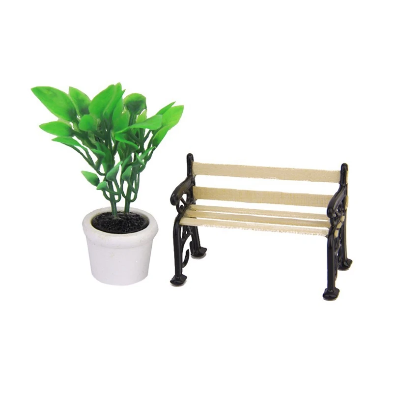 Зеленое растение в горшке и садовая Скамья из дерева кукольный домик Миниатюрный