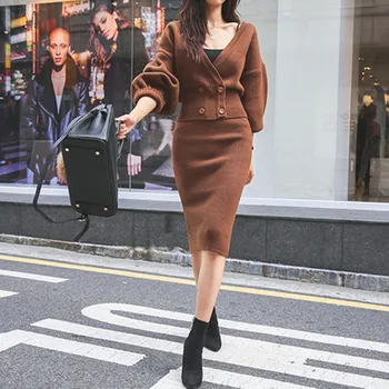 

2019 Autumn Winter Women Knitting 2 Piece Set Vintage Lantern Sleeve Cardigans Sweater Tops + Mini Bodycon Pencil Skirt Suit