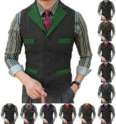 Men's Vest Retro Slim Fit Jacket Lapel Color Block Steampunk Waistcoat Wool Warm Vest жилетка мужская