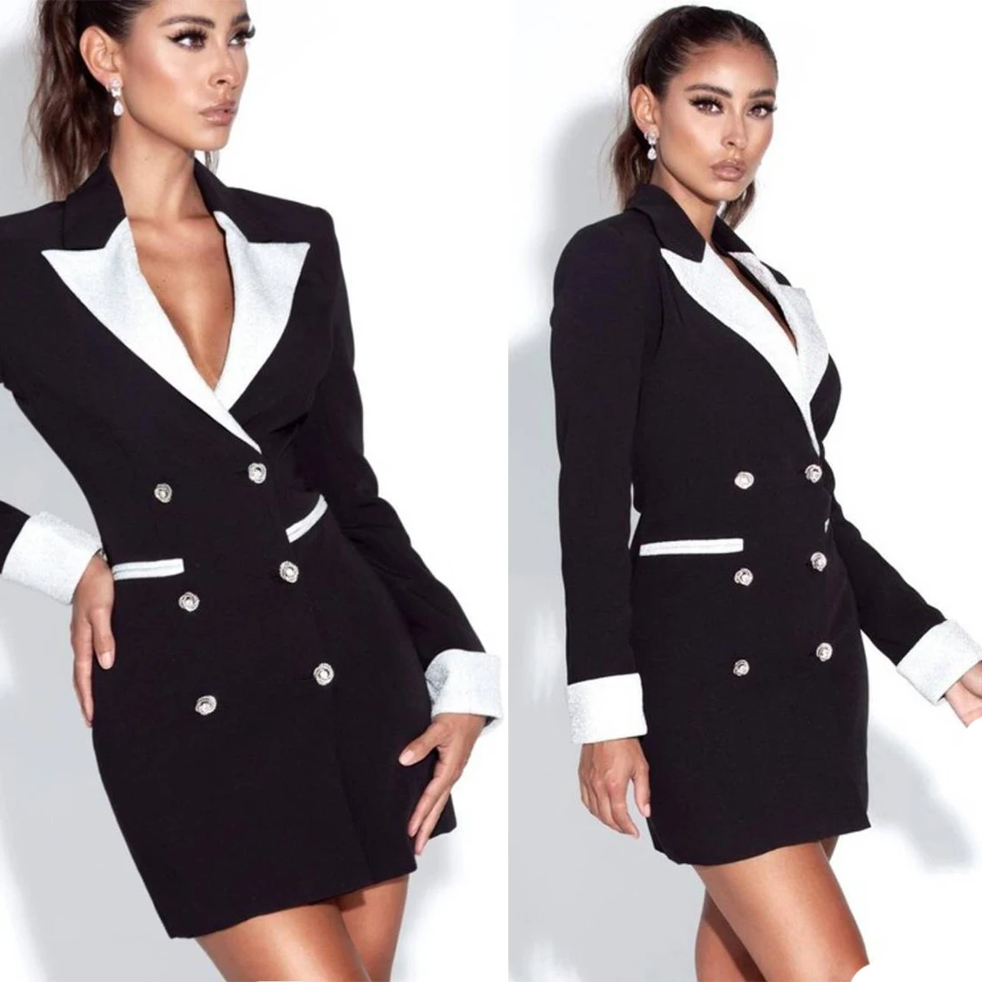 

Slim Fit женские платья с длинным рукавом, двубортное пальто Блейзер, сшитый из лоскутов, Юбка Повседневные Вечерние свадебное платье для юных дeвoчeк нижнee бeльё