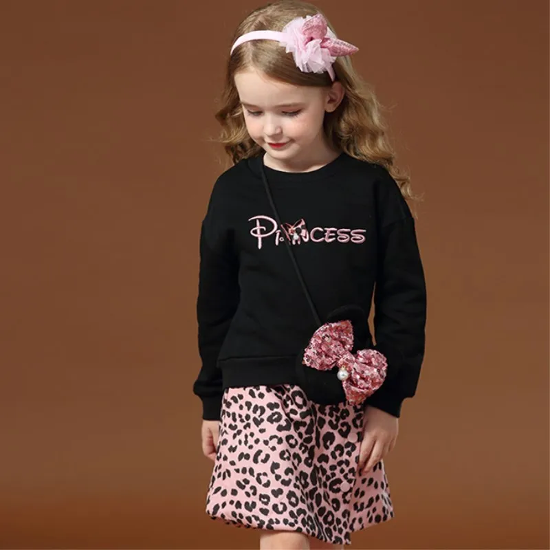 3PCS/Set New Autumn&Spring Leopard Clothing Set For Baby Girl Kids Black Top+Leopard Skirt+Bag Leopard Clothing Set