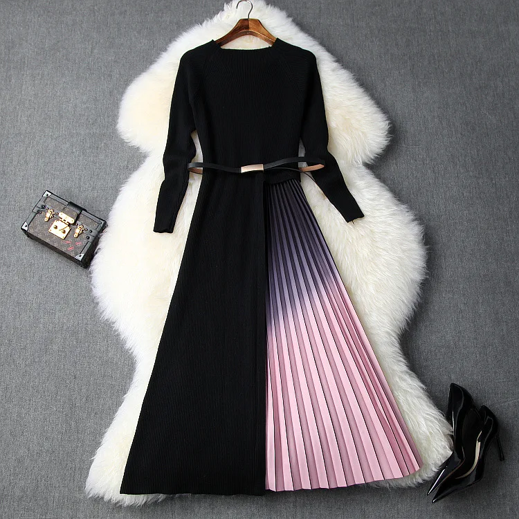 Женское осенне-зимнее вязаное платье-свитер с черным поясом в стиле пэчворк, плиссированное миди элегантное платье с длинным рукавом