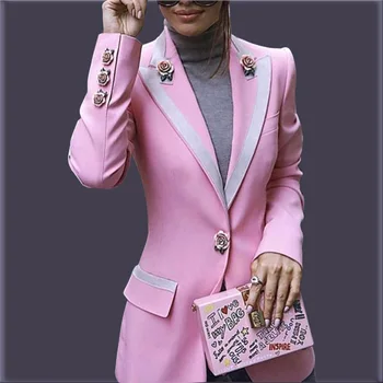 

Designer Blazer Women's Long Sleeve Floral Lining Rose Buttons Pink Blazer Jacket Coat