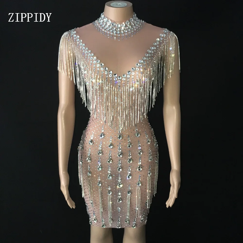 

New Sparkly Stone Fringes Stretch Mesh Sexy Dress Women Birthday Celebrate Rhinestones Dress Nightclub Crystals Costume YOUDU