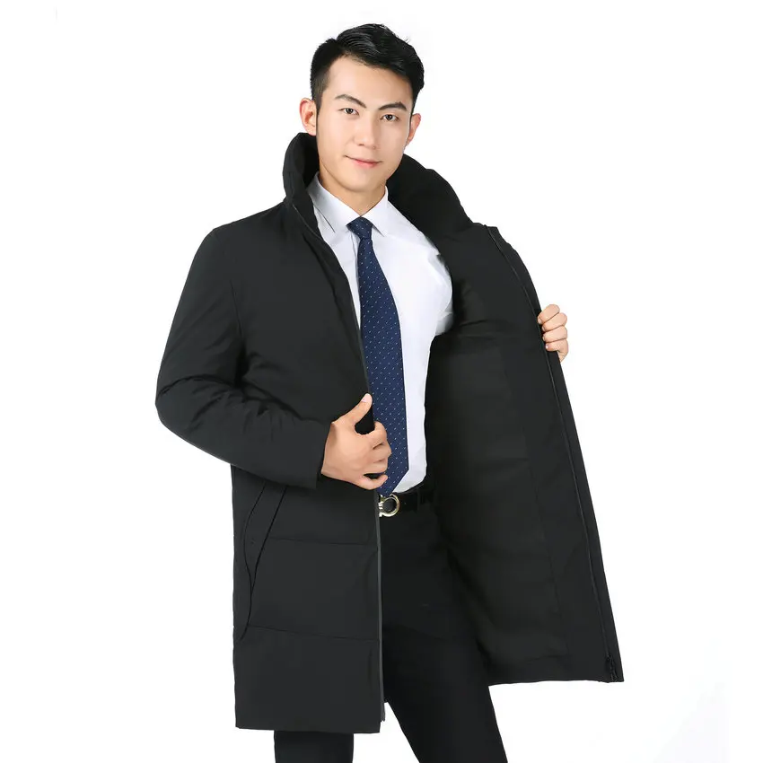 Winter Men Business Casual Puffer Parkas Dark Gray Black Long Puff Overcoats Male Stand Collar Thick Warm Lightweight Outerwear