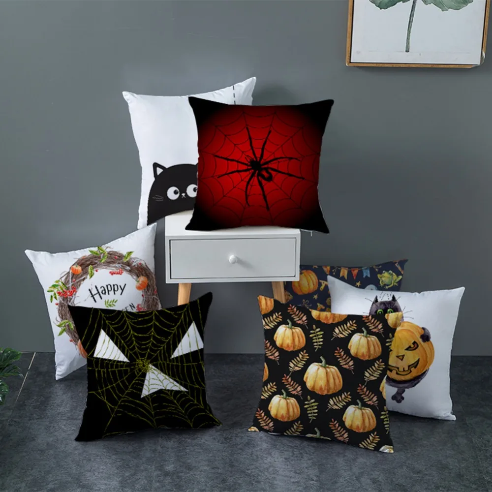4 Pcs 18*18in Halloween Pillow Covers Pumpkin Decorative Throw Pillowcase/Pumpkin face Peach Skin Velvet for Home Car Sofa Decor