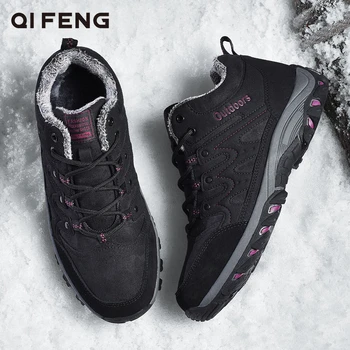 

Winter Men Hiking Shoes Outdoor Thick Fur Snow Boots Ankle Boots Women Black Sneaker Leather Wear Resistant Non-slip Low Shoes
