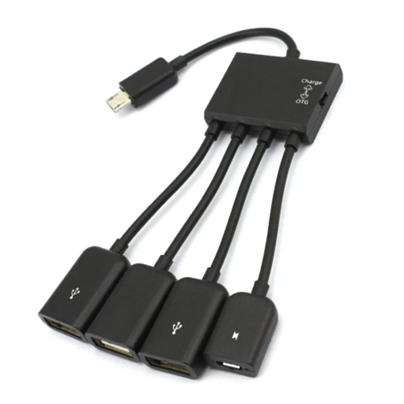 Multi-function USB 2.0 4 in 1 Micro USB Host OTG Charge Hub Cord Adapter Splitter for Android Smartphones Tablet Black Cable