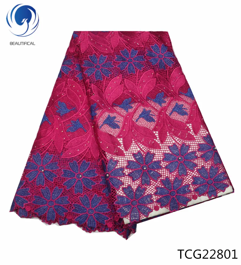 TCG22801 Beautifical голубая африканская кружевная ткань новейшая вышитая гипюровая кружевная ткань с бисером/камнями Водорастворимая кружевная ткань TCG228 - Цвет: TCG22801
