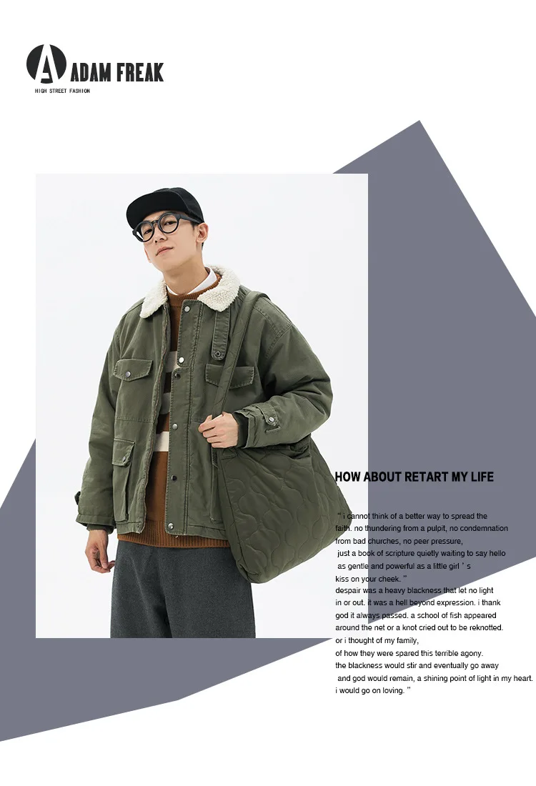 Yi dao Vintage Winter New Style Japanese-style Retro Military-Style Multi-pockets Workwear Lambs Wool Thick Cotton Overcoat Men'