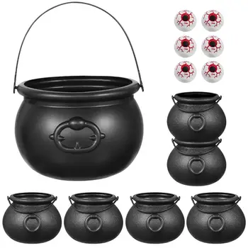 

7PCS Black Cauldron 6PCS Eyeballs Halloween Candy Bucket Kettle Party Favors Supplies Decoration Little Black Bucket And Eyeball
