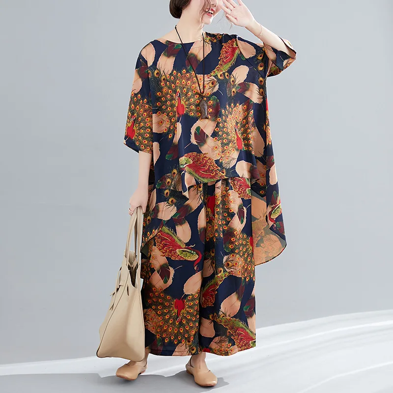 

Photo Shoot Spring And Summer Two-Piece Faux Silk Tops Mid-length Fat Mm Large Size Dress Loose-Fit Capri Pants Set
