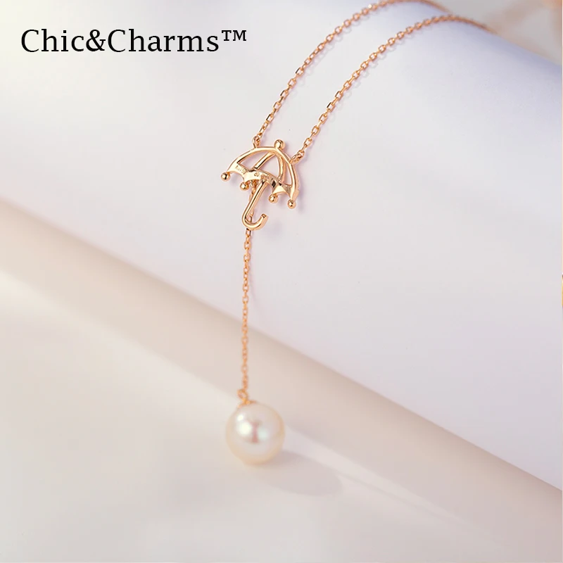 Chic& Charms 9K& 14K Настоящее Желтое золото натуральный жемчуг бриллиантовое ожерелье дизайн индивидуальные женские ювелирные изделия