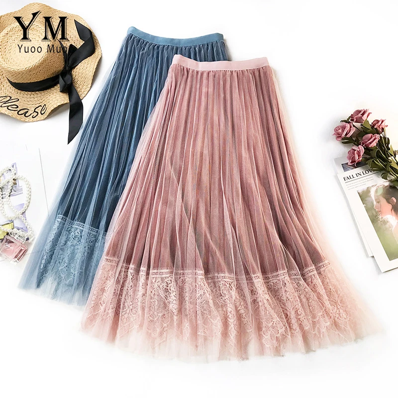 YuooMuoo романтические женские вечерние розовые кружевные юбки осень зима Элегантные Бархатные плиссированные юбки женские готические длинные сетчатые юбки