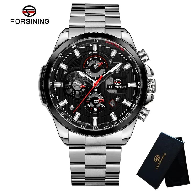 FORSINING автоматические механические мужские наручные часы военные спортивные мужские часы лучший бренд Роскошные черные скелетные водонепроницаемые мужские часы 033 - Цвет: FS03304 with box