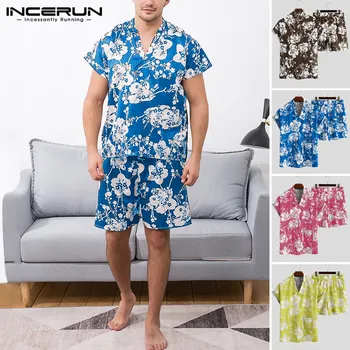 

Men Flower Printed Pajamas Sets Causal Short Sleeve T Shirts Short Trousers Man Comfortable Loose V Neck Nightwear Suits S-5XL
