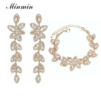 

Minmin Leaf Shape Sparkling Crystal Wedding Jewelry Set Women Luxury Gold Silver Color Bridal Earrings Bracelet Set MEH282+SL046