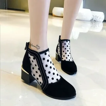 

NEW Polka Dots Mesh Breathable Summer Womens Shoes Ankle Boots Chunky Heels Back Zip Shoes Suede Leather Plus Size Black
