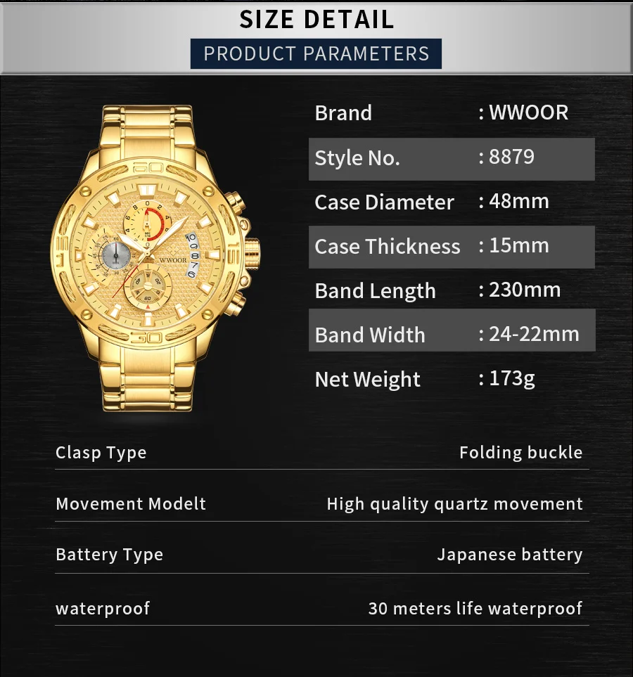 WWOOR 2020 New Men Watches Top Brand Luxury Gold Stainless Steel Quartz Watch Men Waterproof Sport Chronograph Relogio Masculino