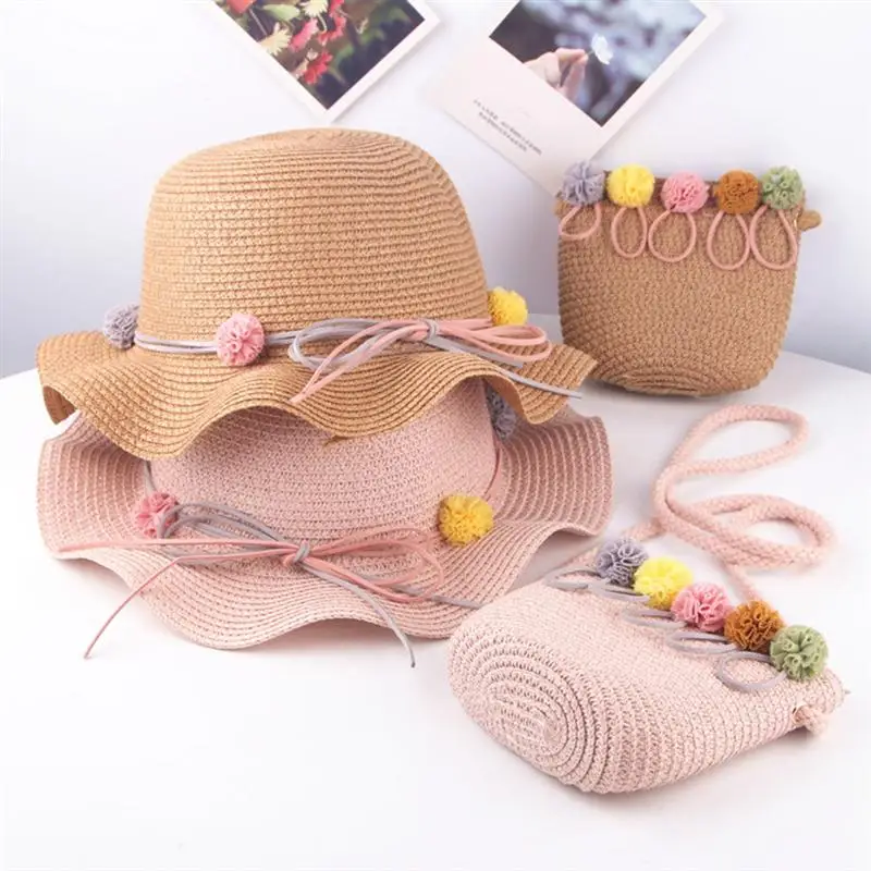 Infant Baby Kids Hat Girls Fashion Wave Straw Cap Sun Protection Children Cool Cute Cap Summer Beach Baby Storage Bag 4 Colors