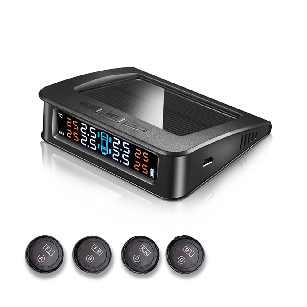 Автомобильная система мониторинга давления в шинах, портативная система TPMS на солнечной энергии, 4 внешних датчика DXY88 - Название цвета: Черный