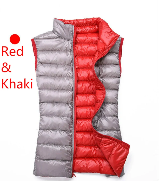 Женский двусторонний жилет на утином пуху, теплая куртка на осень и зиму, ультра-светильник, складываемый пуховик без рукавов, верхняя одежда, портативная S-XXXL - Цвет: Red-Khaki