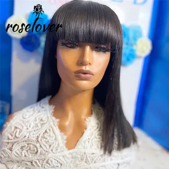 

Roselover Human Hair Wigs Bob Wigs with Bang Straight Bob Wig Full Machine Wig Remy Brazilian Glueless Wigs 12 Inches