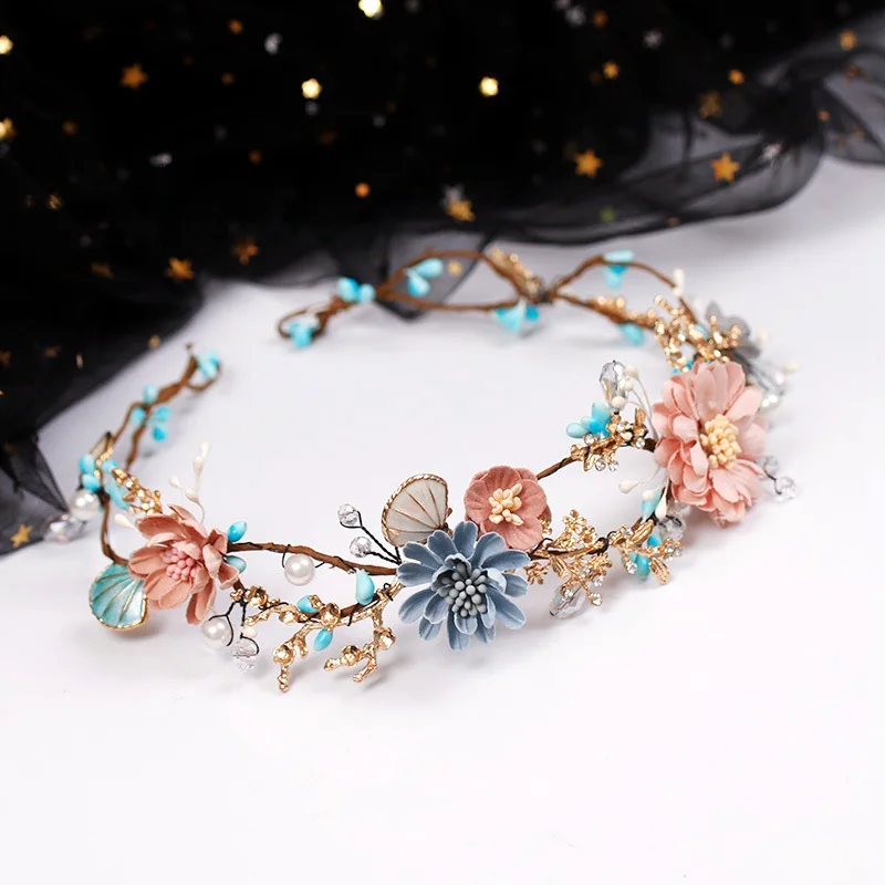 Blue Pink Flower Crystal Headbands Handmade Beads Baroque Flowers Garland Circular Hoop Crowns for Bridal Wedding
