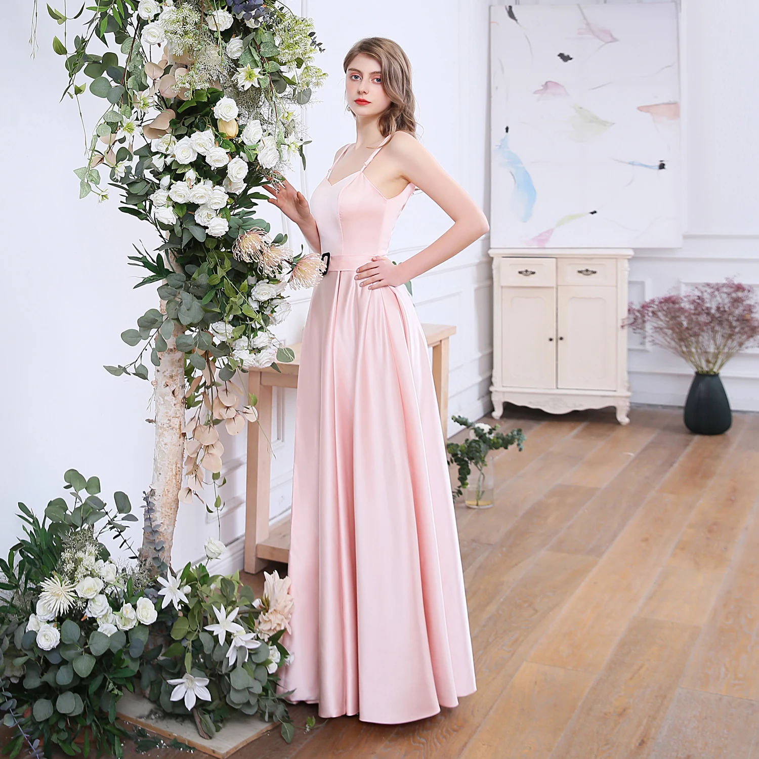 SSYFashion новые милые розовые атласные вечерние сексуальное платье без рукавов с открытой спиной на простом высоком-разделение длинное торжественное платье для выпускного вечера Vestido De Noche