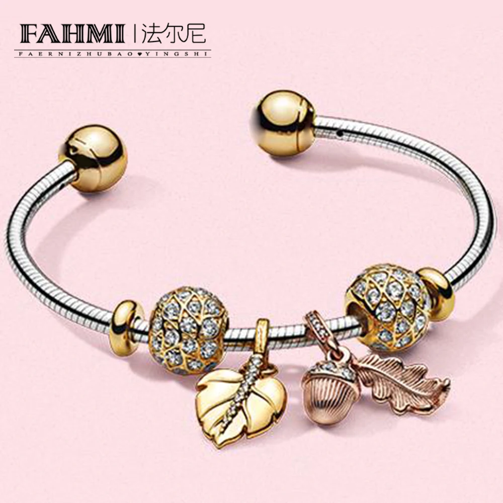 

FAHMI 100% 925 Sterling Silver 2019 Autumn Golden Maple Leaf Charm Shine Moments Snake Chain Style Open Bangle Bracelet Gift Set