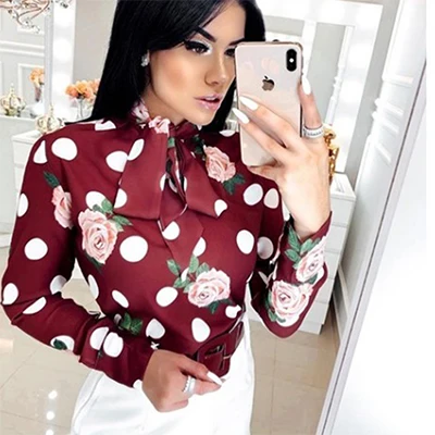 Wine red Модные осенние футболки женские повседневные топы в горошек с бантом больших размеров для дам винтажные офисные футболки с цветочным принтом женские модные футболки - Цвет: Wine red