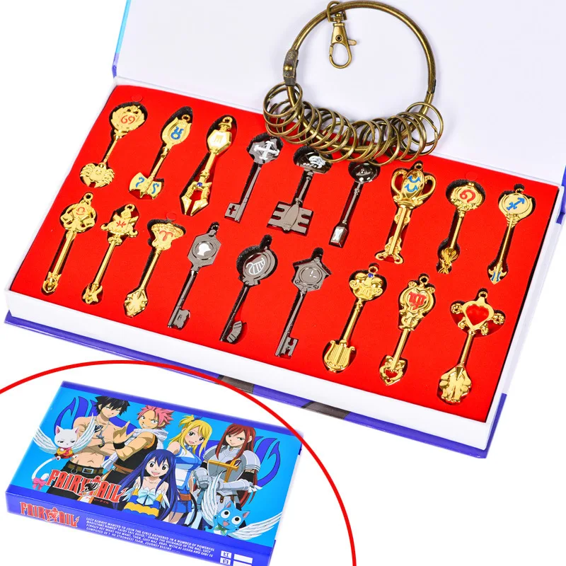With Key Rings 18 шт./компл. аниме «Fairy Tail», «Люси хартфилия Знак Зодиака металл брелок-подвеска Цепочки и ожерелья золото кольцо для ключей accessioriesgift - Metal color: With Key Rings