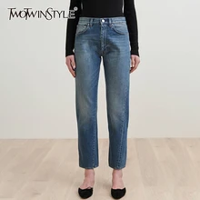 TWOTWINSTYLE повседневные джинсы женские с высокой талией Прямые свободные большие размеры длинные осенние джинсовые брюки женские модная одежда Новинка