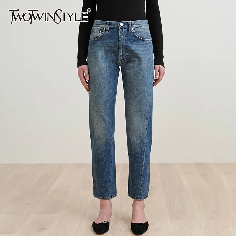 

TWOTWINSTYLE Casual Jeans Woman High Waist Straight Loose Large Size Long Autumn Denim Pants Female 2019 Fashion Clothing New