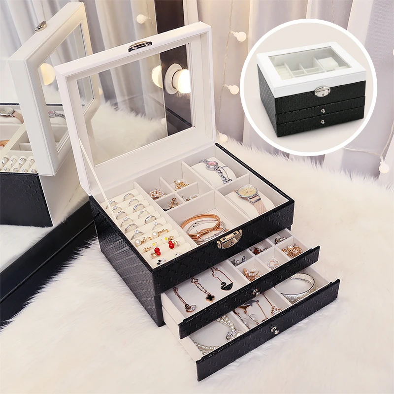 Jewelry box storage box small jewelry portable European lock mirror earrings jewelry female large capacity LB821171