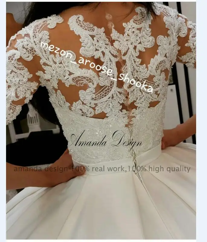 Аманда дизайн три четверти рукав кружева аппликации бальное платье атласное свадебное платье