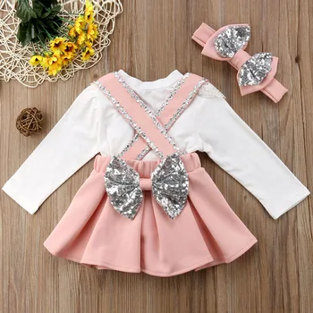 

3pcs Girl Clothes Set Elegant Long Sleeve T Shirt Suspenders Skirt Knotbow Heandband for Toddlers Kids Children Outfits