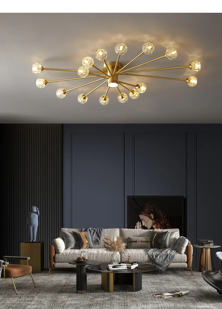 Modern luxury copper crystal ceiling lamp lighting American retro lamp restaurant golden luster molecular art ceiling lamp