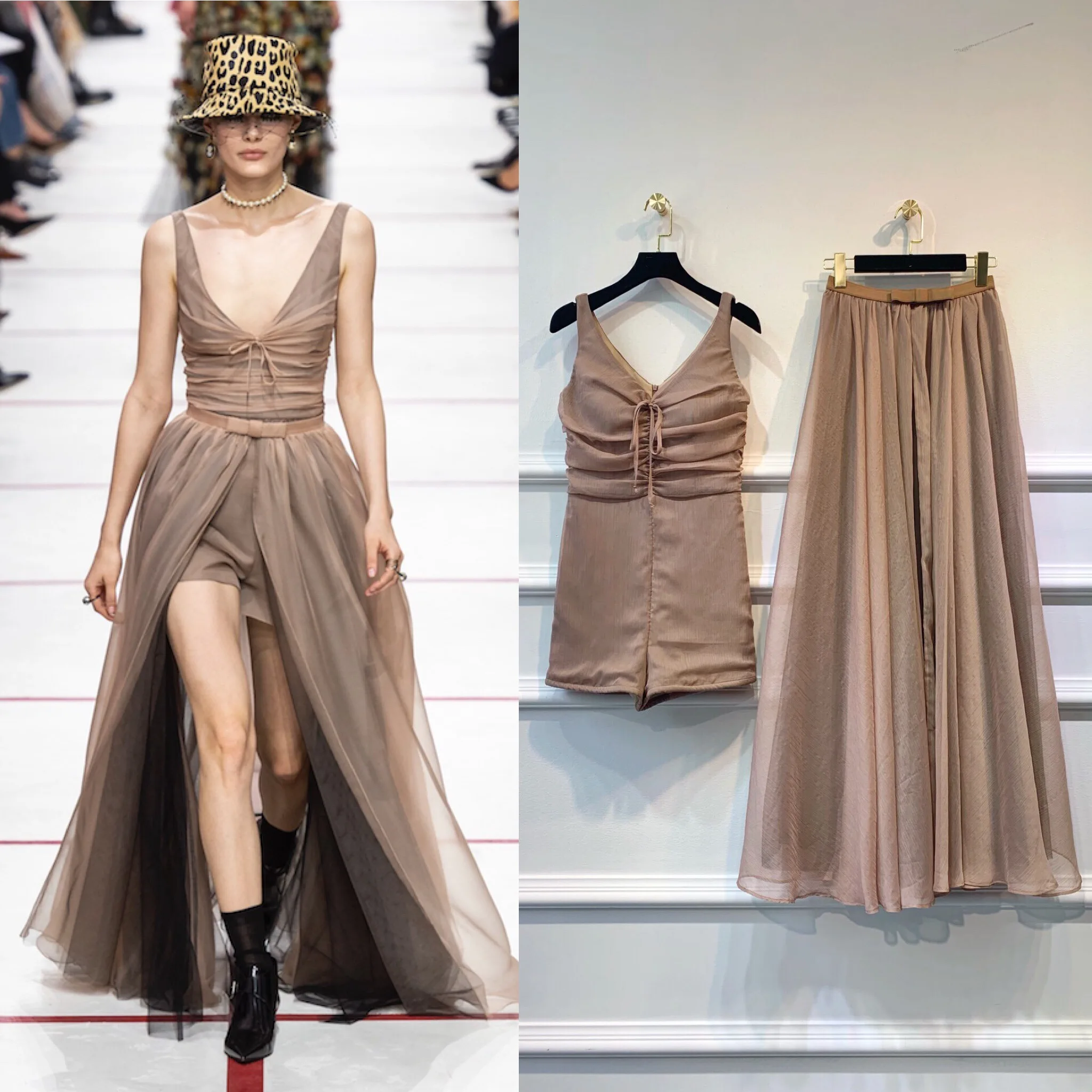 

2019 New Arrival Beautiful Clothes Elegant Mesh Nude Jumpsuits Sexy Deep V Neck Sleeveless Ball Gown Skirt Set