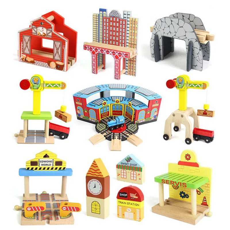 New Wooden Railway Train Track Set Accessoriess Train Station Tunnel Crane Fit All Brands Wood Tracks Educational Toys For Kids