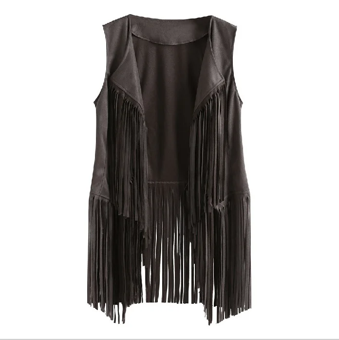 

Women's Fringed Vest Jacket Fashion Fall Winter Suede Ethnic Sleeveless Fringed Vest Cardigan Vintage Faux Tassel Coat Gray