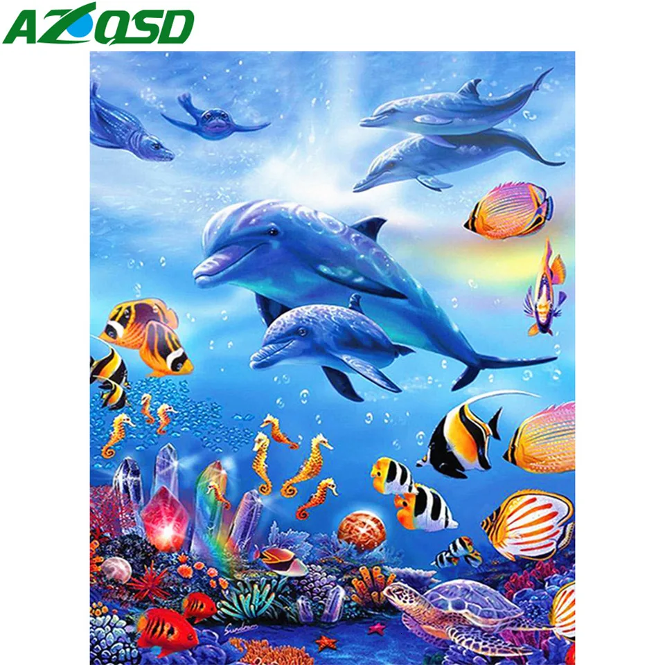 

AZQSD Diamond Painting Dolphin Crystal Cross Stitch Kits Embroidery Full Drill Square Animal Home Decor Gift Diy 5d Handmade