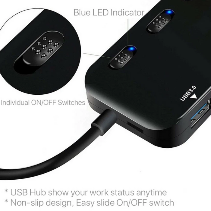 USB 3,0 концентратор сплиттер удлинитель 4 порта USB концентратор данных с индивидуальный переключатель светодиодный свет VH99