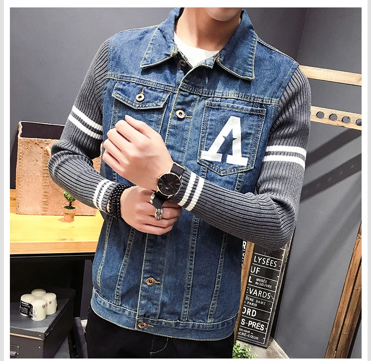 Autumn Clothing New Style Men Cowboy Jacket Printed Joint Knit Sleeve Double Bag Large Size Men'S Wear